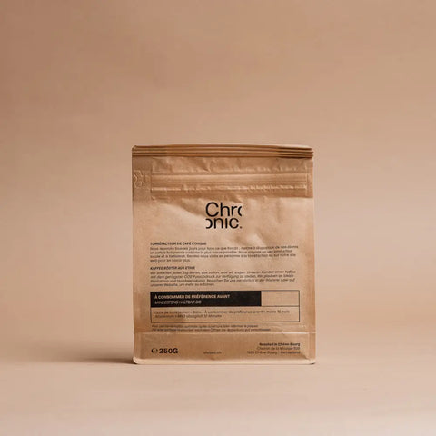 Arrière du paquet de café Chronic.
