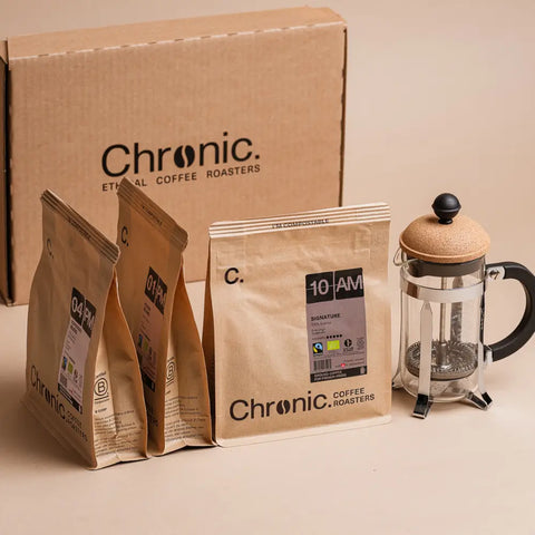 Presentation du pack french press Chronic. 3 paquet de café et une French Press