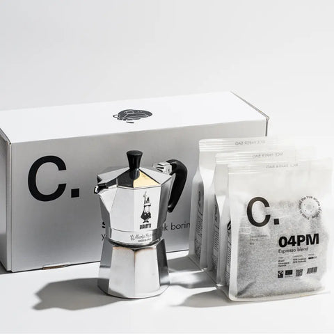 Bialetti Moka Set + 3 Ground Coffees – 05AM / 01PM / 04PM